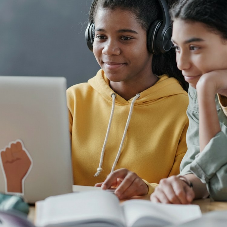 Meninas estudam com auxílio de computador e fones de ouvido